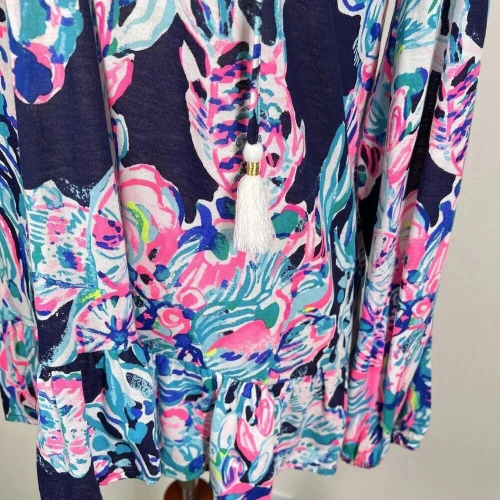 Lilly Pulitzer Top Blouse Size XS Blue Pink Long Sleeve Beach Tropical Fish - Picture 10 of 14